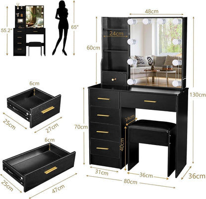 Saimeihome Schminktisch Beleuchtung Hocker Schwarz 80x36x130CM