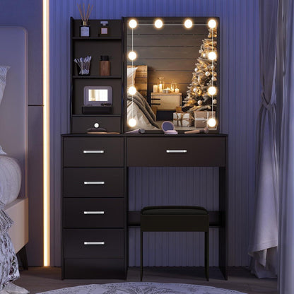 Schwarzer Schminktisch mit LED-Spiegel, Hocker & Stauraum