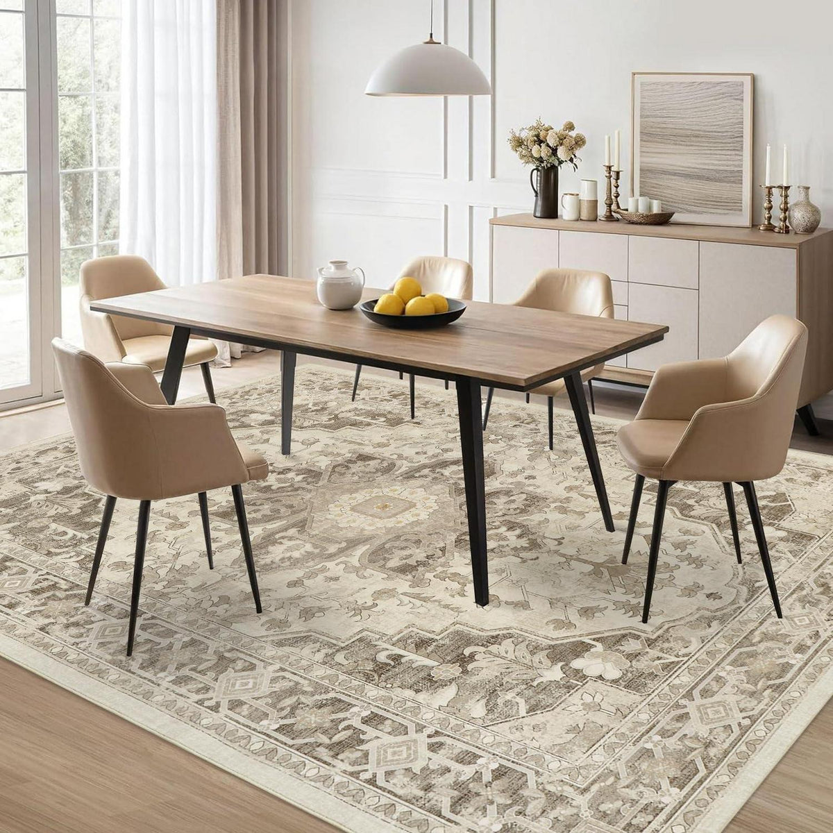 Vintage Boho Teppich 200x300cm - Waschbarer Wohnzimmerteppich Taupe