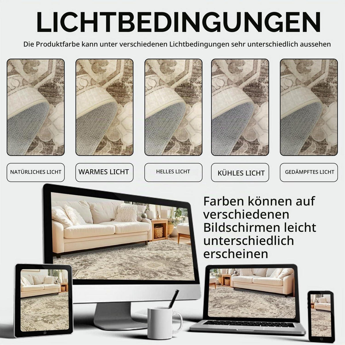 Vintage Boho Teppich 200x300cm - Waschbarer Wohnzimmerteppich Taupe