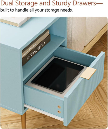 Nachttisch Blau mit offener Ablage und Schublade, modern, Nachtkommode