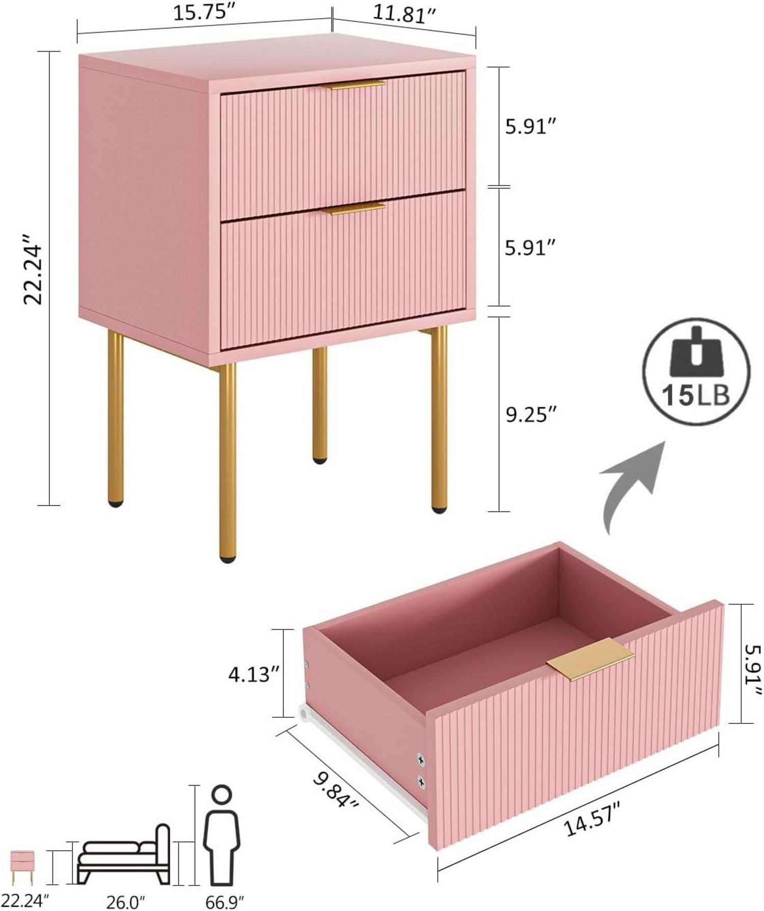 Modernes Nachtkästchen mit 2 Schubladen in Rosa