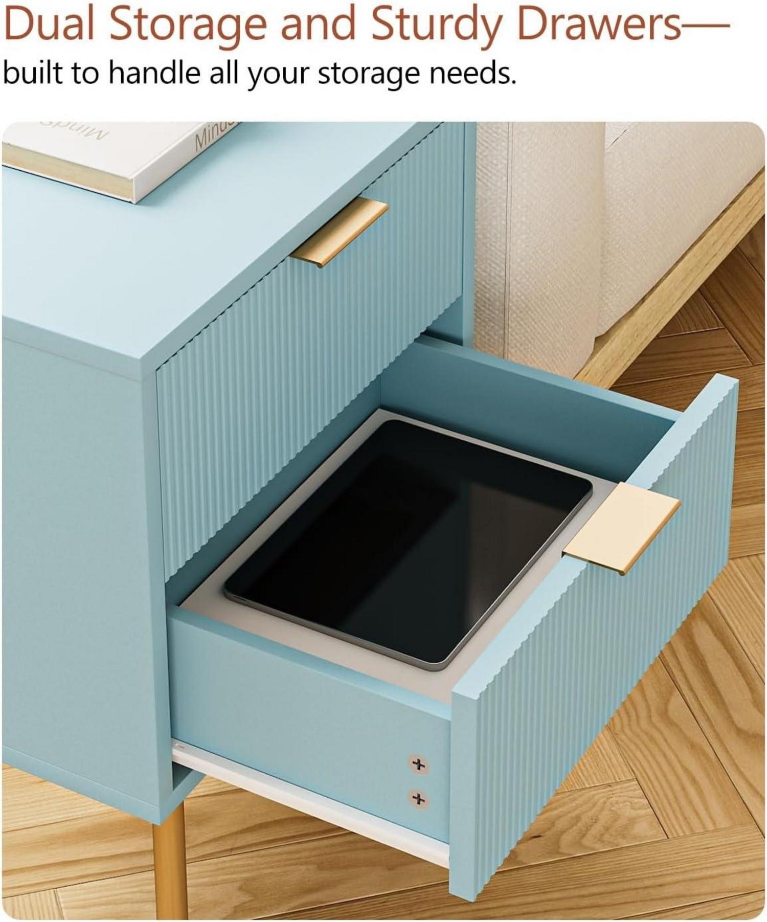 Nachttisch mit Schubladen Modern Blau Gold Metall