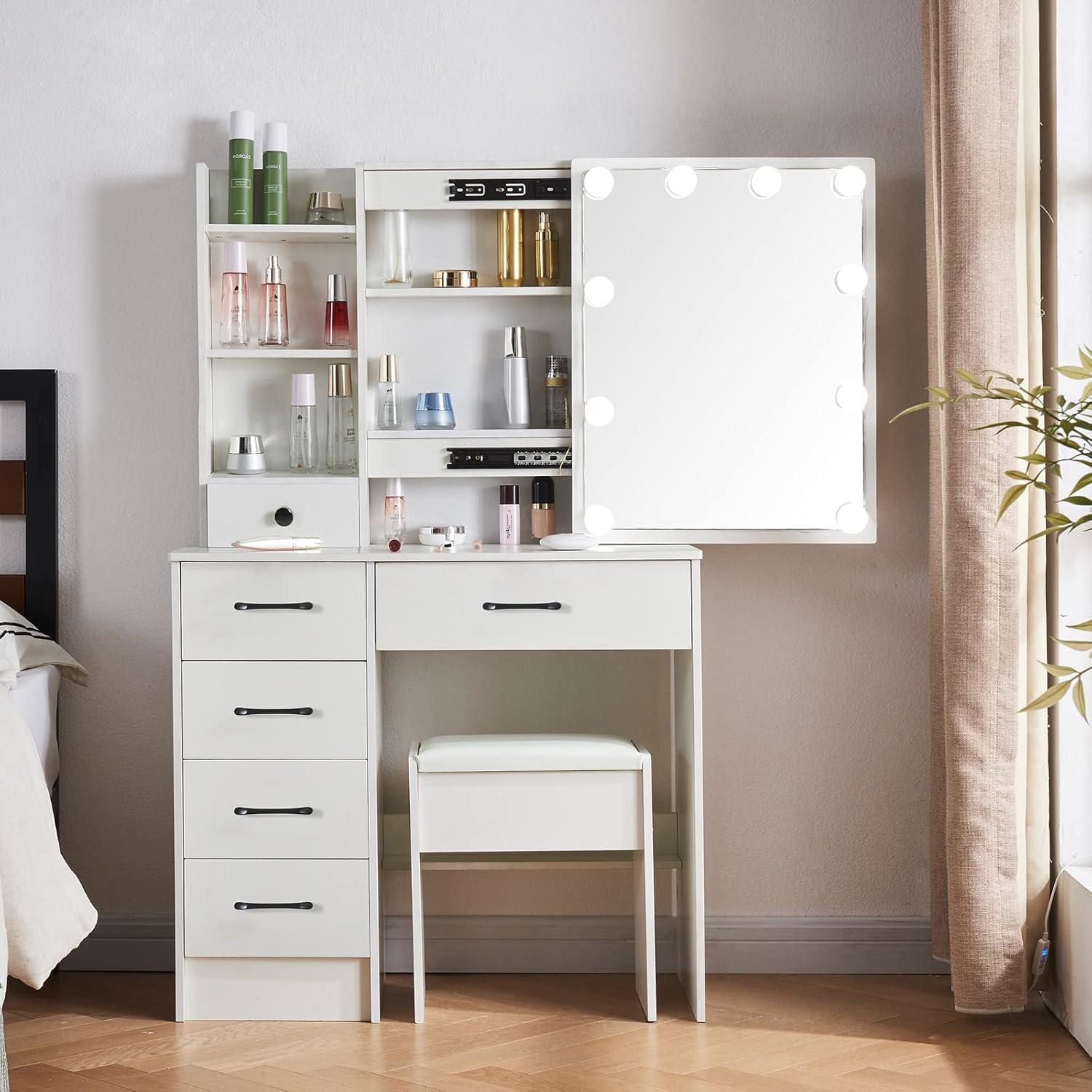 Schminktisch mit LED Licht und Hocker, 6 Schubladen