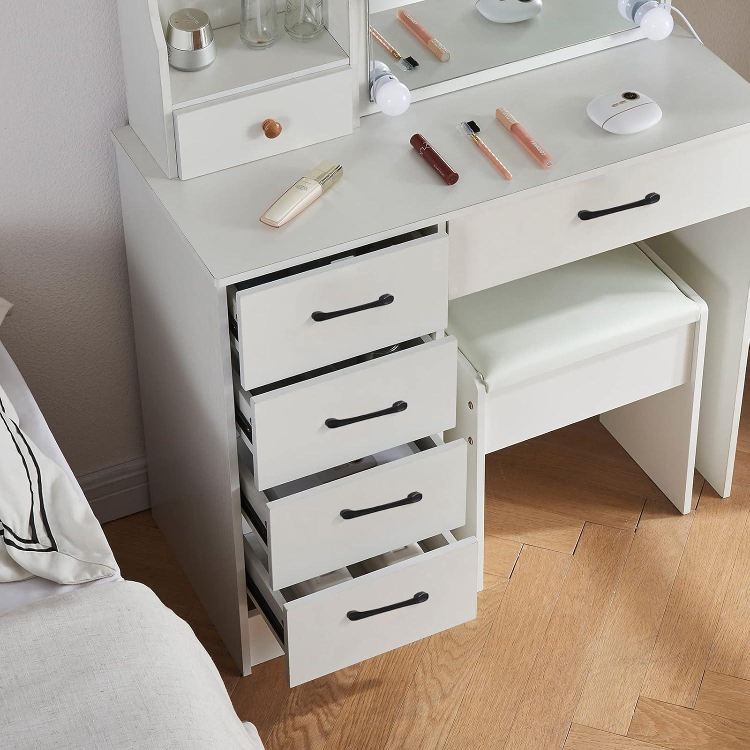 Schminktisch mit LED Licht und Hocker, 6 Schubladen