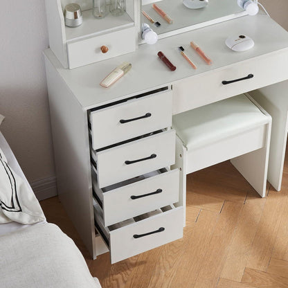 Schminktisch mit LED Licht und Hocker, 6 Schubladen