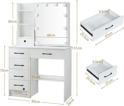 Schminktisch mit Hocker LED Licht und 6 Schubladen 36x80x131 cm