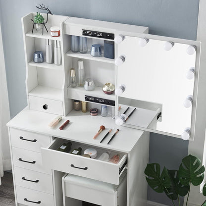 Schminktisch mit Hocker LED Licht 3 Farbtemperaturen 6 Schubladen