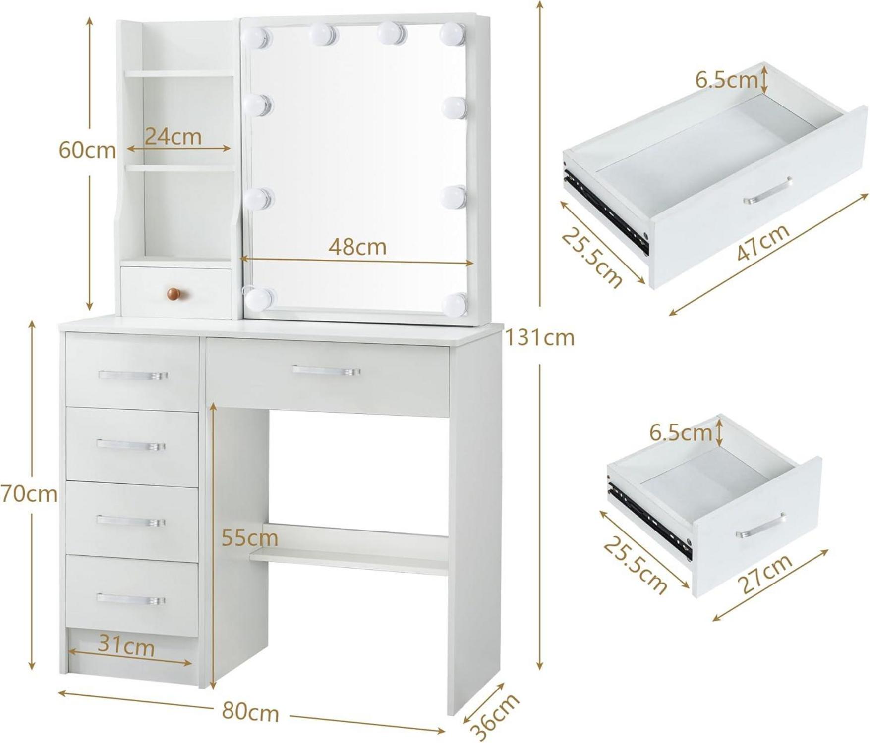 Schminktisch LED-Beleuchtung Spiegel Hocker Makeup Weiß 36x80cm