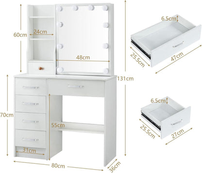 Schminktisch LED-Beleuchtung Spiegel Hocker Makeup Weiß 36x80cm