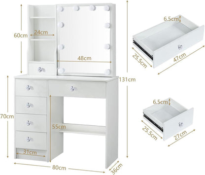 Buildonely Schminktisch mit LED Lichtern und Hocker, Make-up Tisch