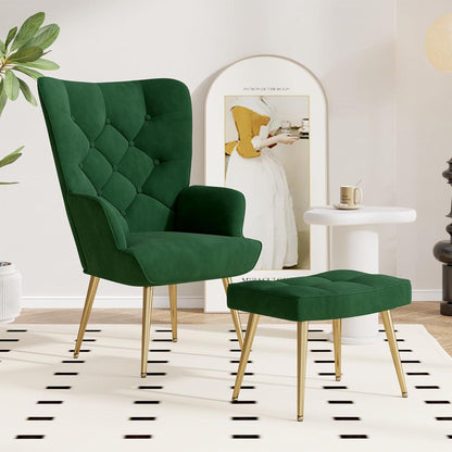 Modernes Relaxsessel mit Hocker, Samt, Grün
