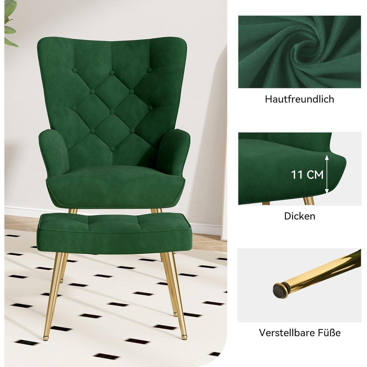 Modernes Relaxsessel mit Hocker, Samt, Grün