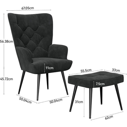 Loungesessel Schwarz mit Hocker – Modernes Samt Relax Sofa