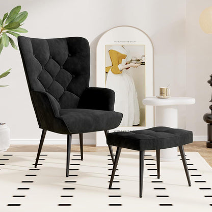 Loungesessel Schwarz mit Hocker – Modernes Samt Relax Sofa