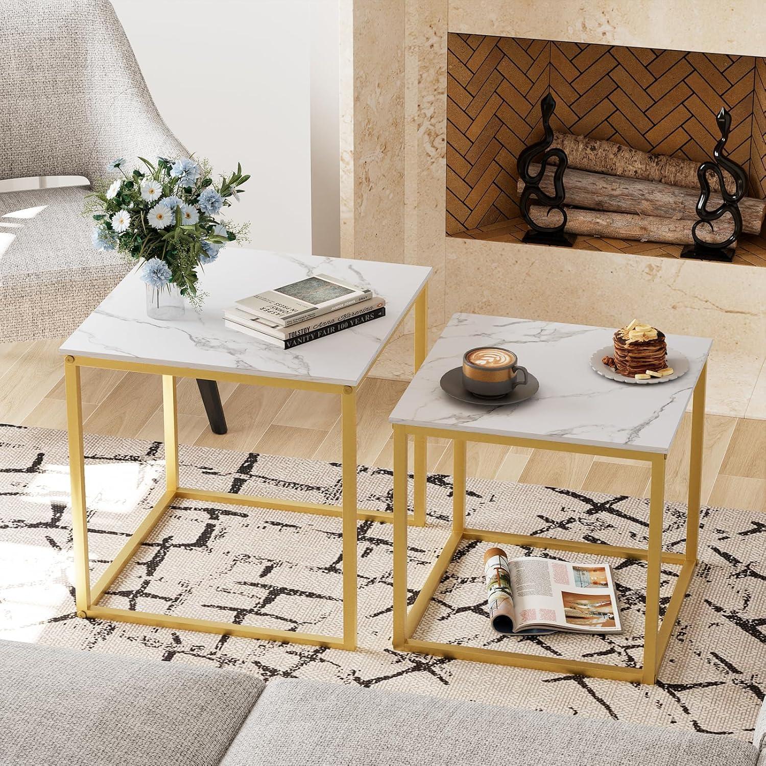 Moderne Quadratisch Couchtisch Set Holz Beistelltisch Gold