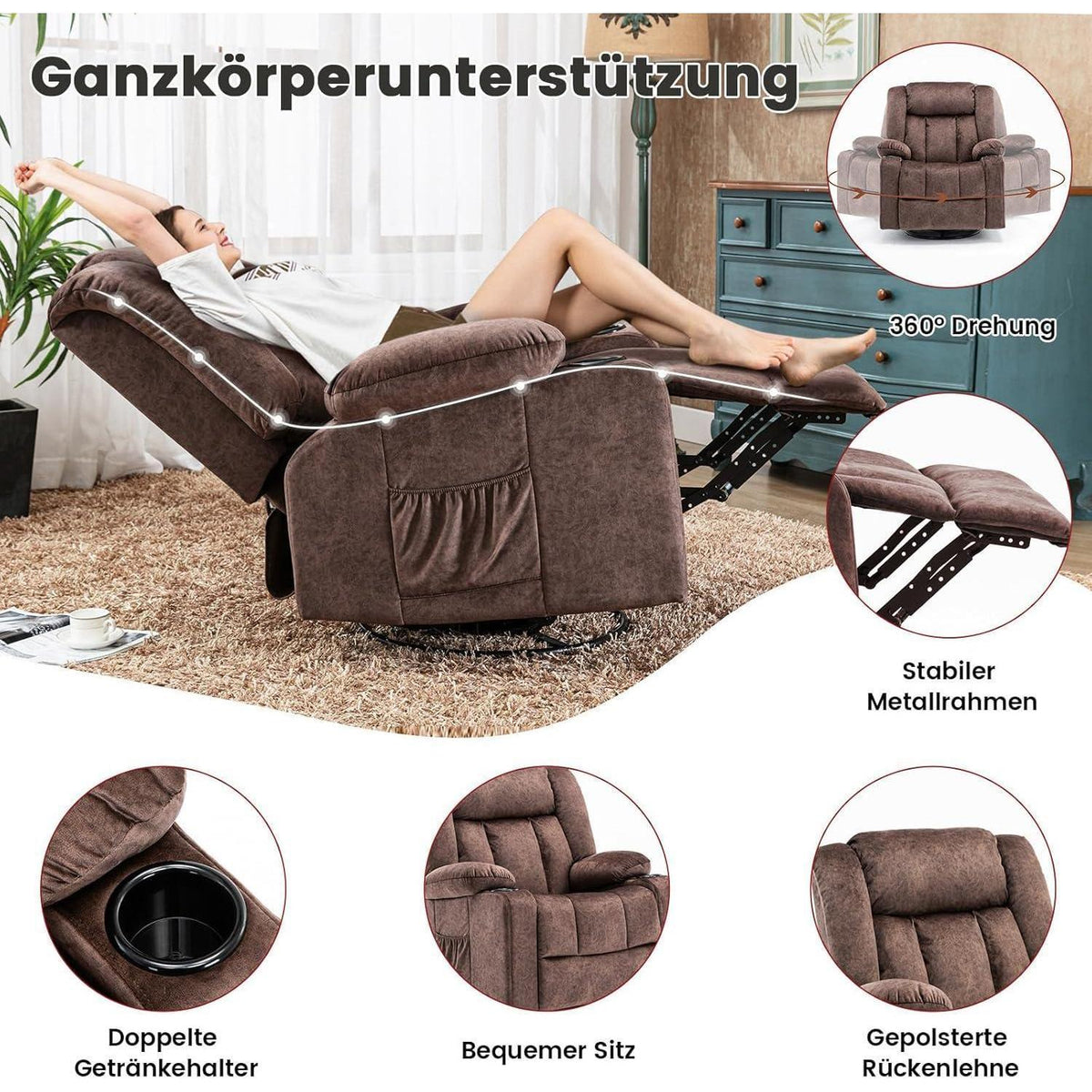 Drehbarer Relaxsessel mit Fußstütze & Getränkehalter – Braun