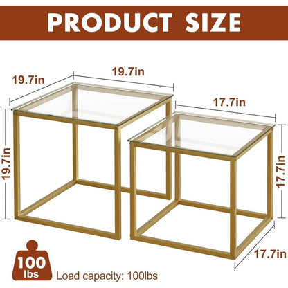 Quadratische Wohnzimmertische Set Glas/Stahl Gold 50/45 cm