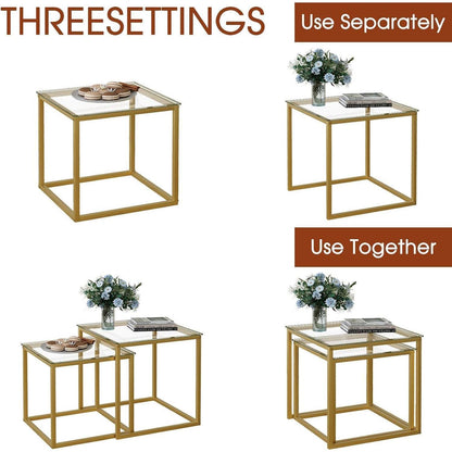 Quadratische Wohnzimmertische Set Glas/Stahl Gold 50/45 cm