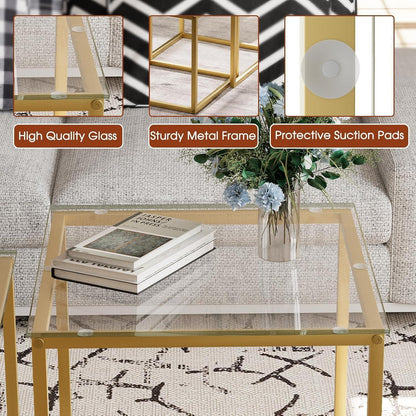 Quadratische Wohnzimmertische Set Glas/Stahl Gold 50/45 cm
