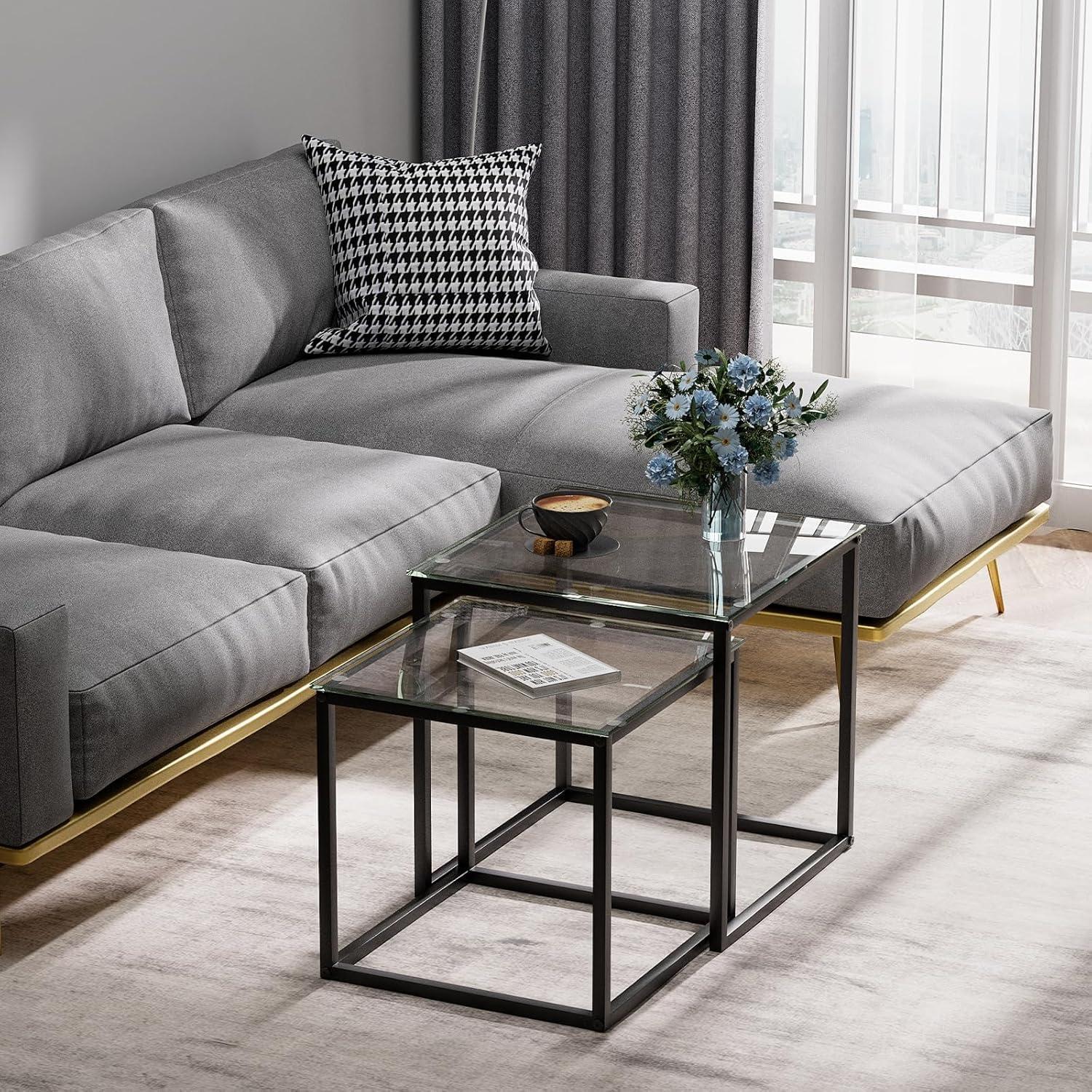Moderne Quadratische Glas Couchtische 2er Set in Schwarz 50/45 cm