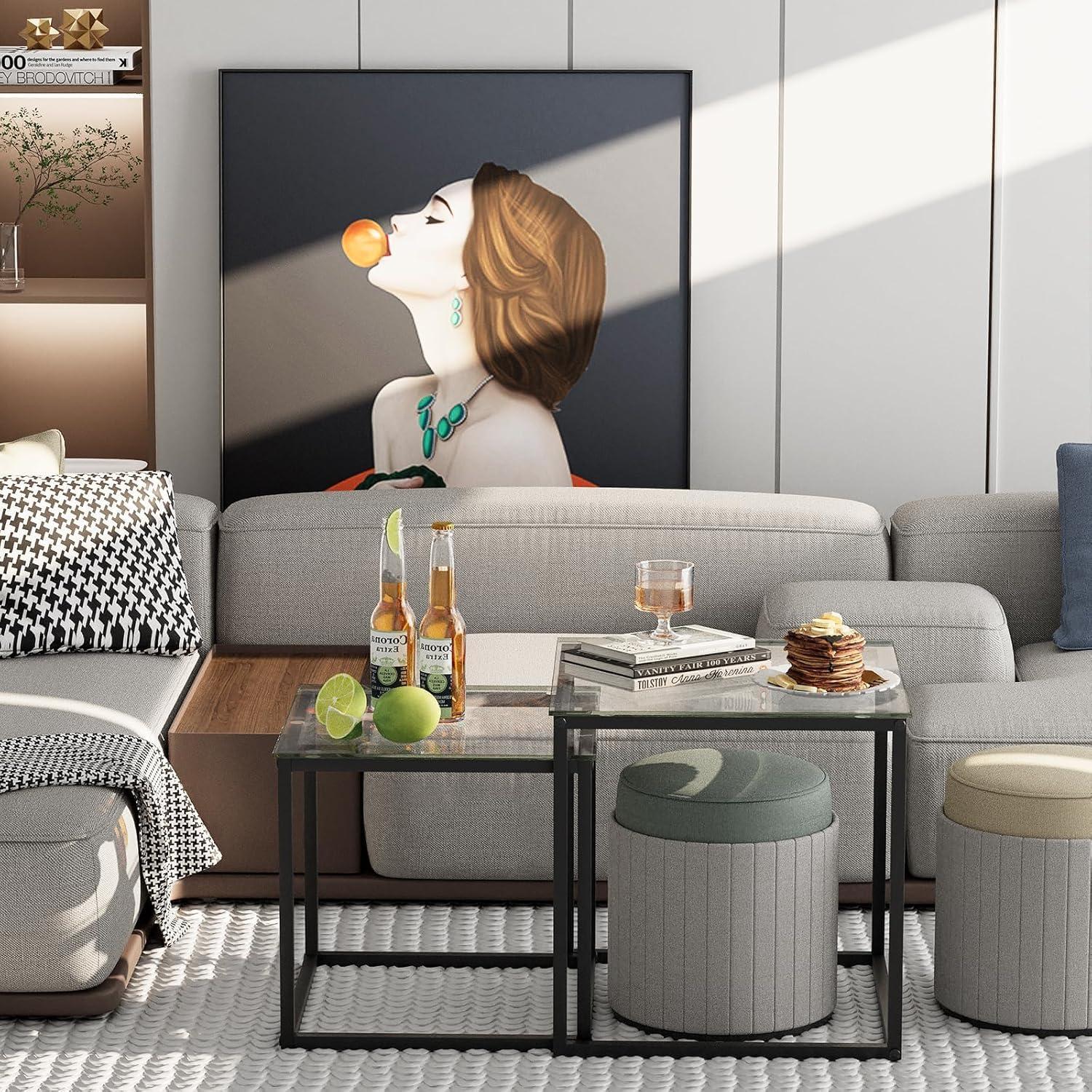 Quadratischer Glas Couchtisch-Set: Modern, Schwarz, 50/45 cm