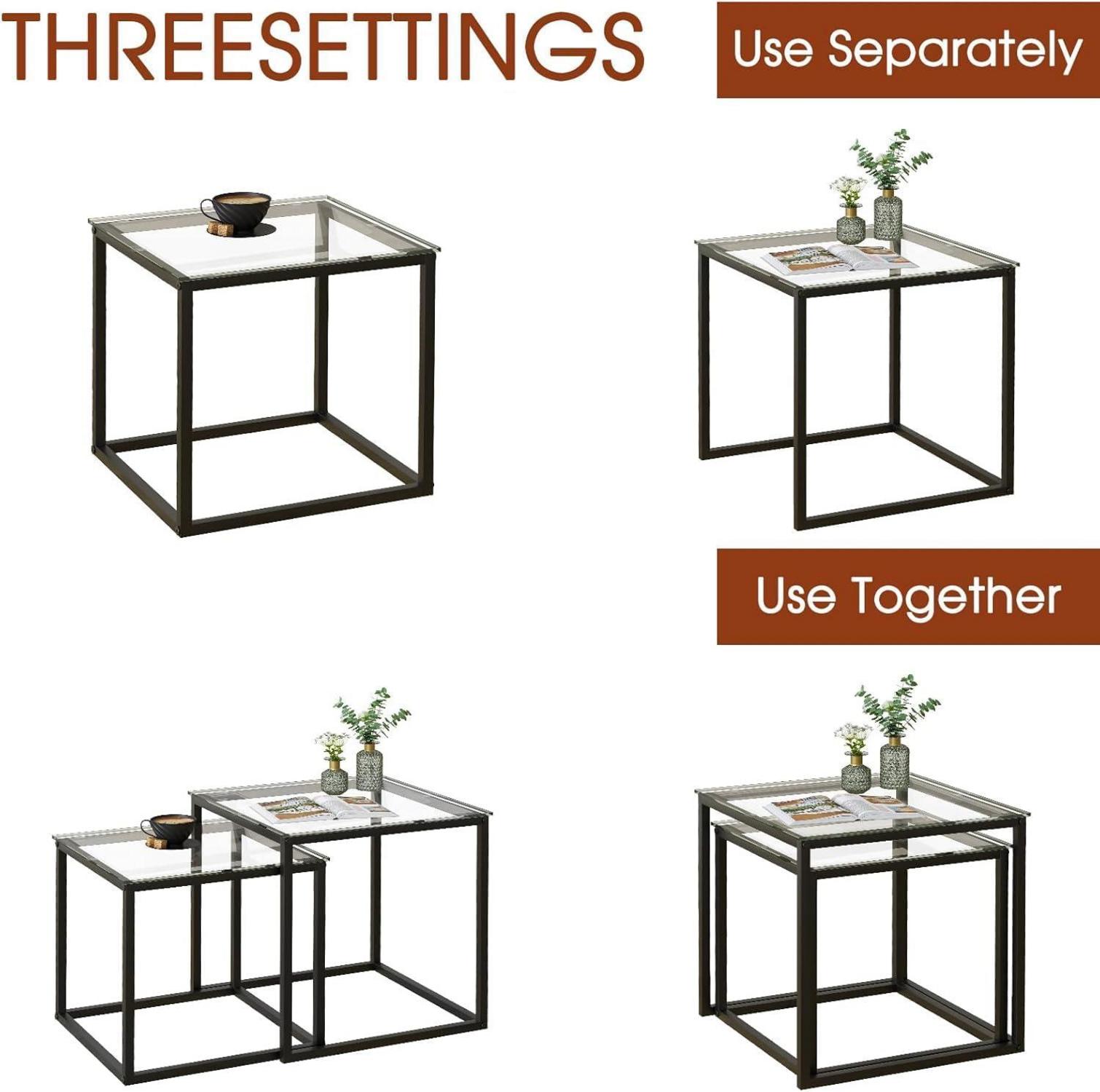 Quadratische Glas Couchtische Set, Modern, Schwarz, 2er Set, 50/45 cm