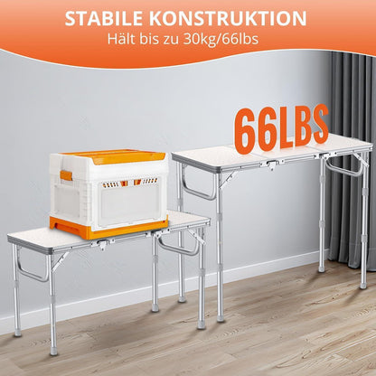 Klapptisch Aluminium 87x40cm mit 3 Höhen, Picknicktisch Outdoor Weiß/Silber