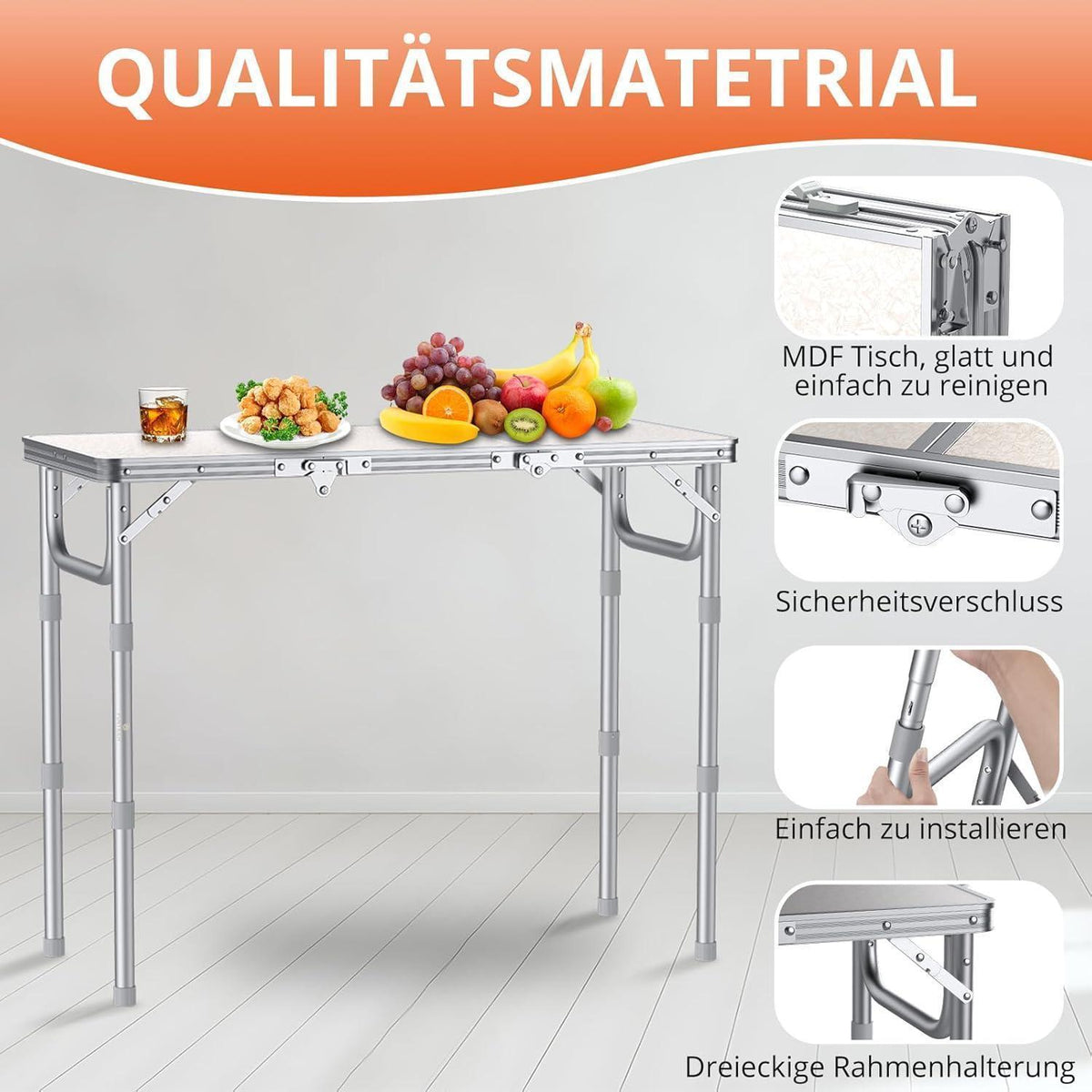 Klapptisch Aluminium 87x40cm mit 3 Höhen, Picknicktisch Outdoor Weiß/Silber