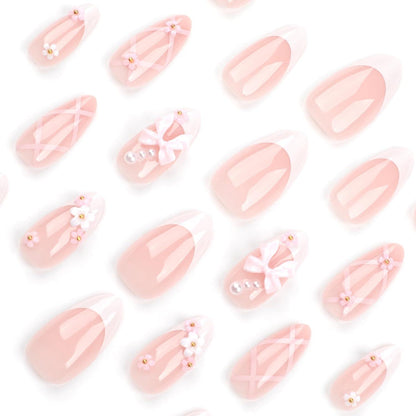 24er Set Weiße Nägel mit Blumen Schleife Muster, Oval Fake Nails