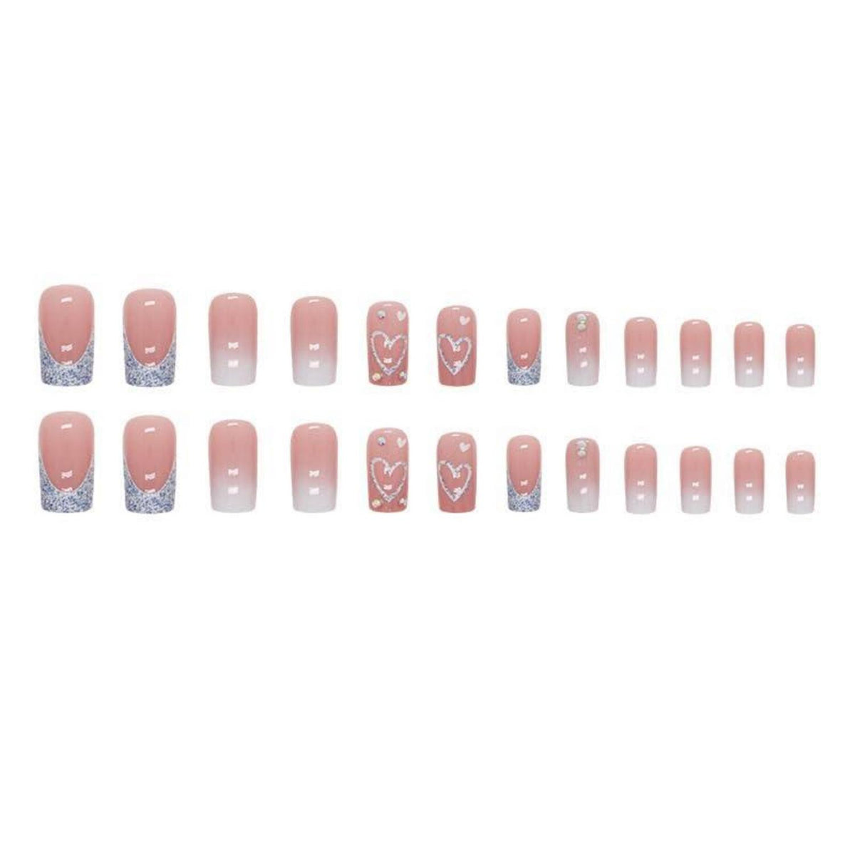 24 Stück Weiß Glitter Nägel Zum Aufkleben Lang Pink Sarg Press on Nails mit Herz Muster Glossy Ballarina Fake Nails