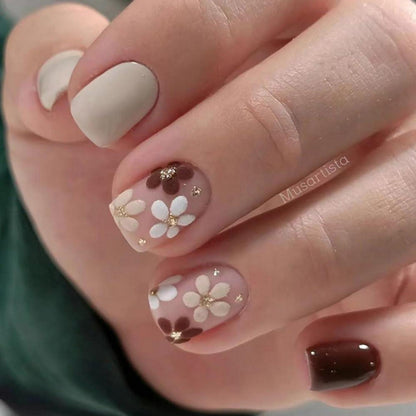 24 Stück Beige Nägel Zum Aufkleben Eckig Floral Fake Nails