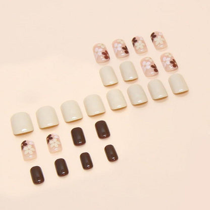 24 Stück Beige Nägel Zum Aufkleben Eckig Floral Fake Nails