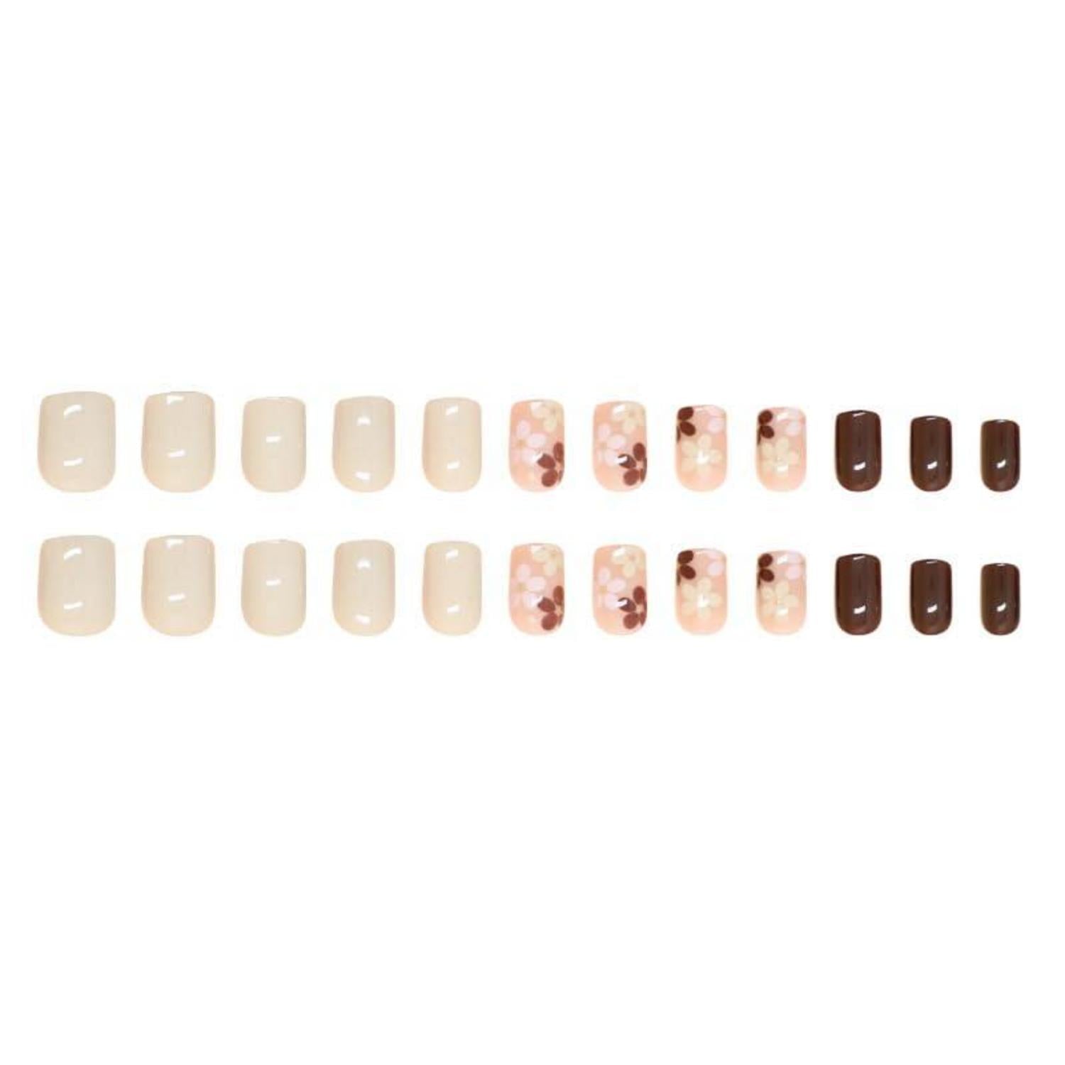 24 Beige Nägel Zum Aufkleben mit Blumenmuster, kurz, eckig - Kunstnägel