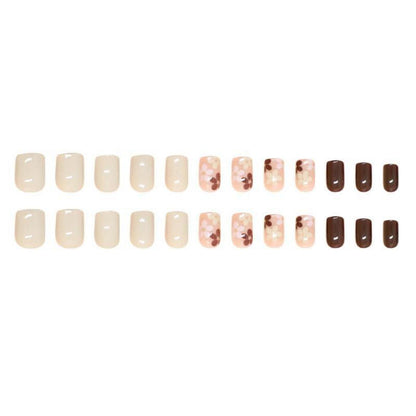 24 Beige Nägel Zum Aufkleben mit Blumenmuster, kurz, eckig - Kunstnägel