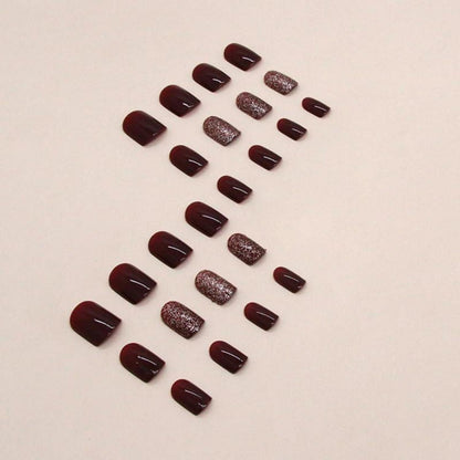 24 Stück Burgundy Einfarbig Nägel Zum Aufkleben Glitter Rot Eckig