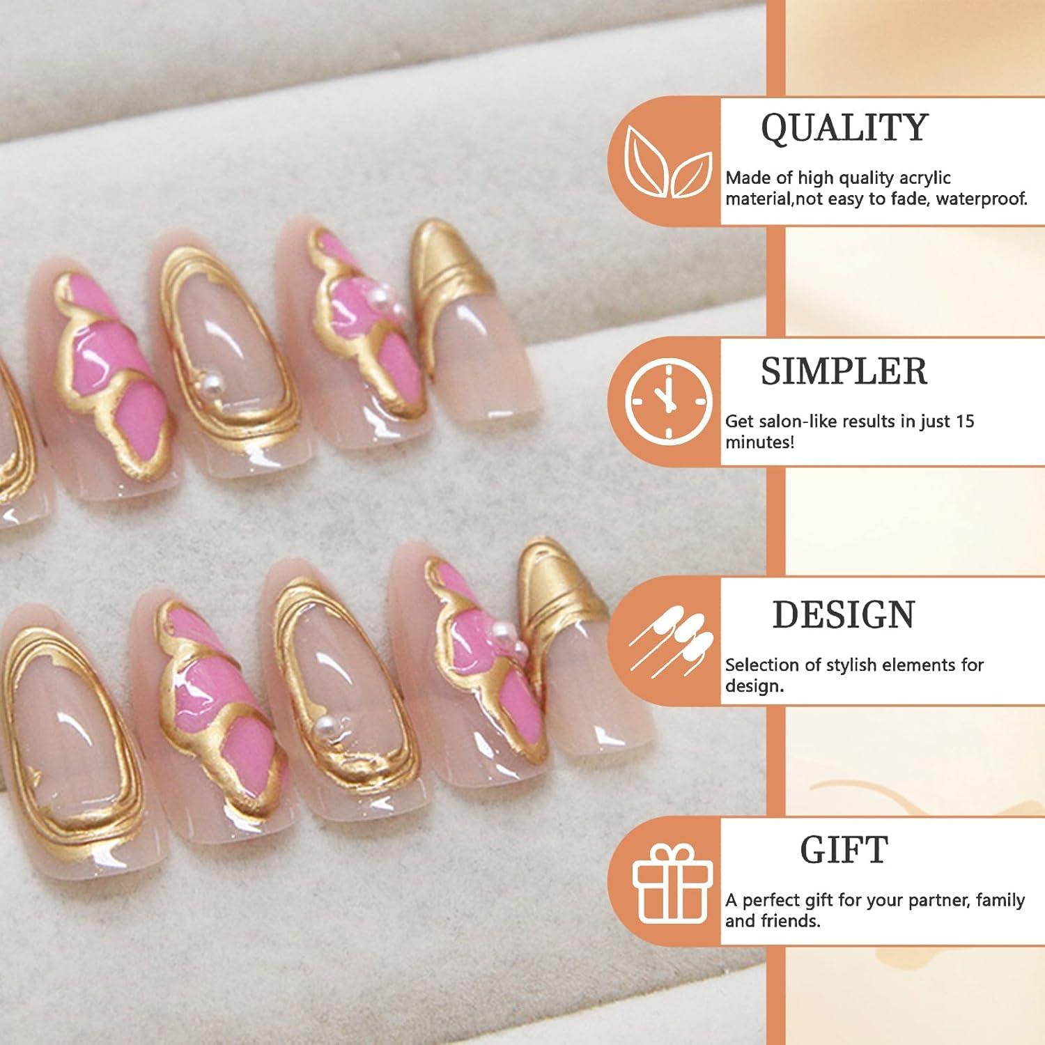3D Mandel Press on Nägel Mittel Gold Pink Schmetterlingdesigns_FR6324