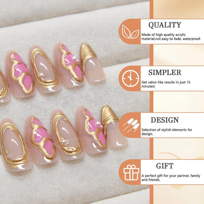 3D Mandel Press on Nägel Mittel Gold Pink Schmetterlingdesigns_FR6324
