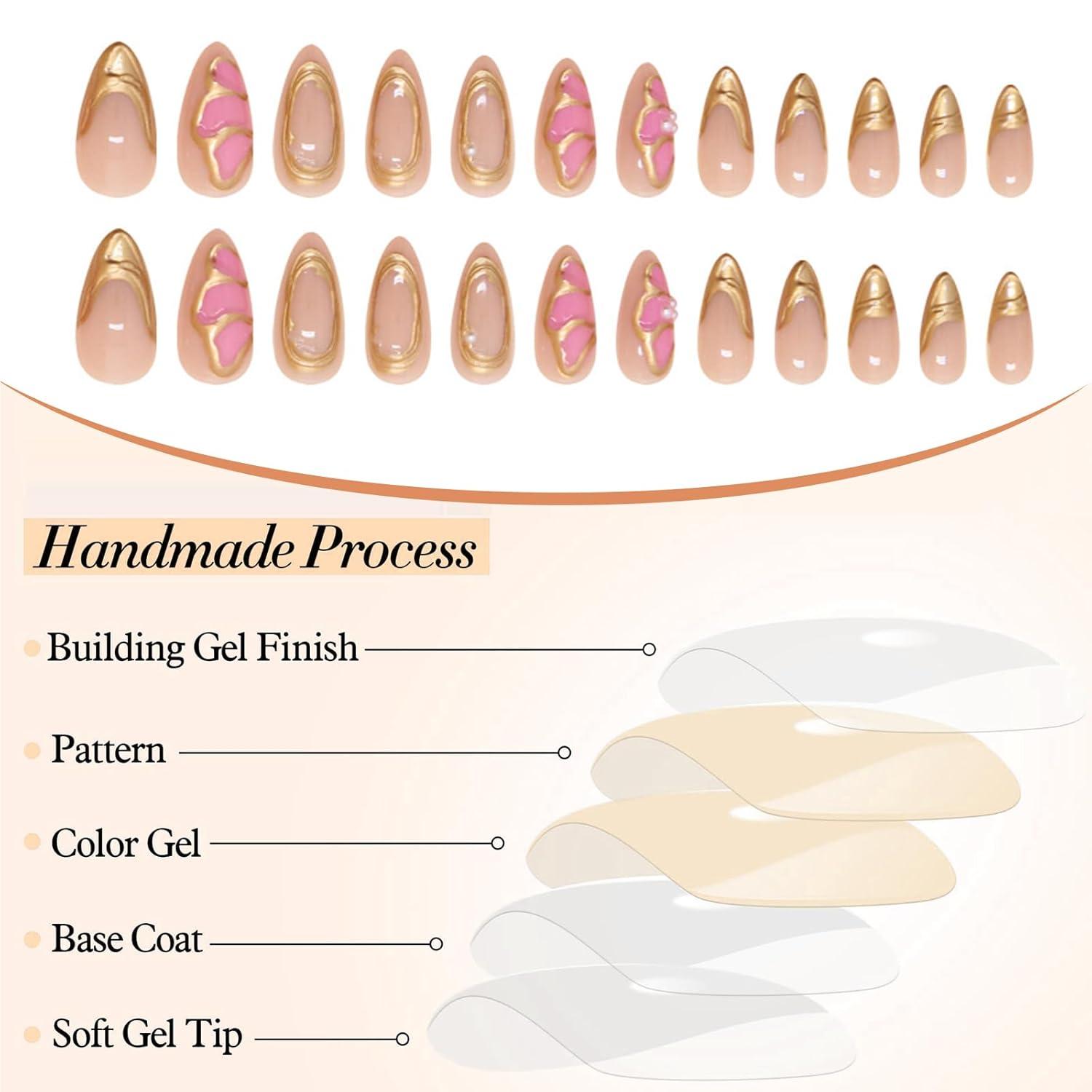 3D Mandel Press on Nägel Mittel Handgemachte Gold Charms Pink Schmetterling