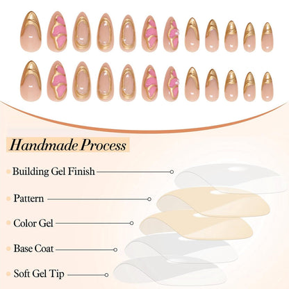 3D Mandel Press on Nägel Mittel Handgemachte Gold Charms Pink Schmetterling