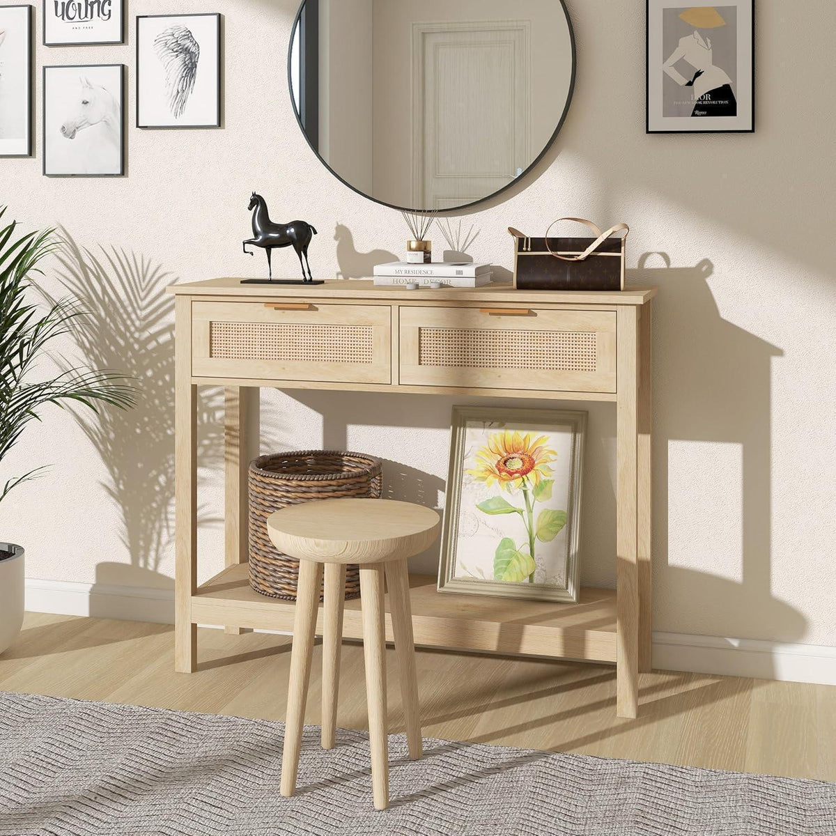 Boho Rattan Konsolentisch mit Schubladen & Regal
