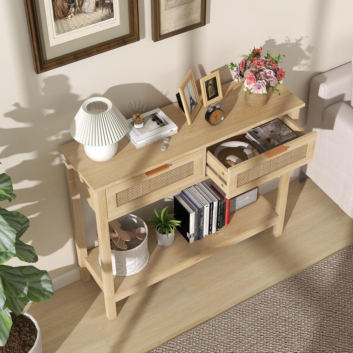Boho Rattan Konsolentisch mit Schubladen & Regal