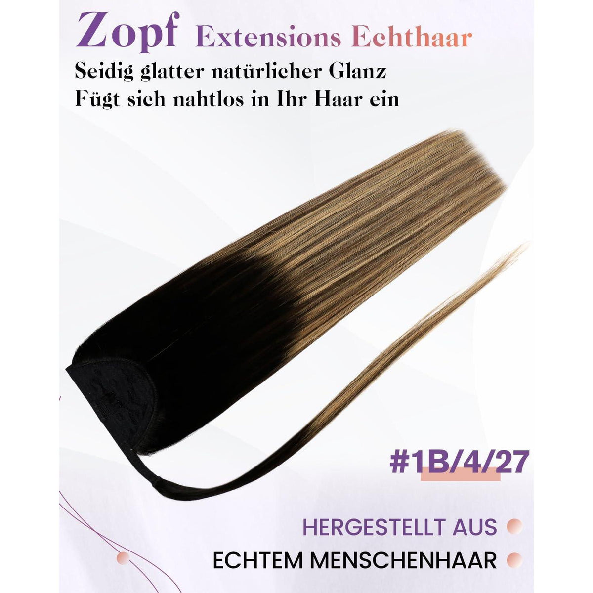 Echthaar Pferdeschwanz Extension Ombre Braun Schwarz Karamellblond 45cm