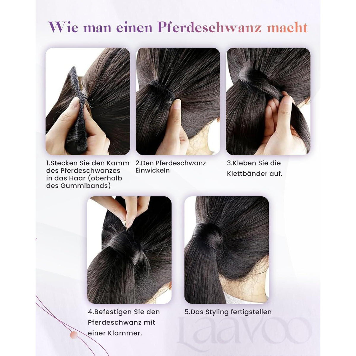 Echthaar Pferdeschwanz Extension Ombre Braun Schwarz Karamellblond 45cm