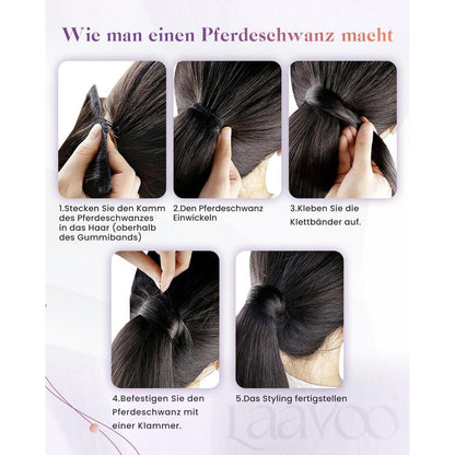 Echthaar Pferdeschwanz Extension Ombre Braun Schwarz Karamellblond 45cm