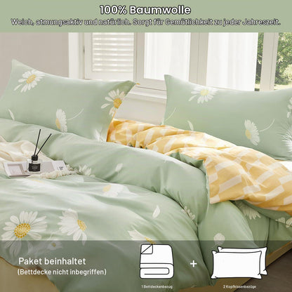 Baumwoll Bettwäsche Set Grün Weiß Blumen 200x220 cm 3tlg.