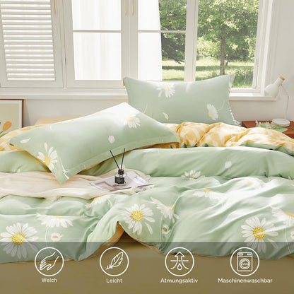 Baumwoll Bettwäsche Set Grün Weiß Blumen 200x220 cm 3tlg.