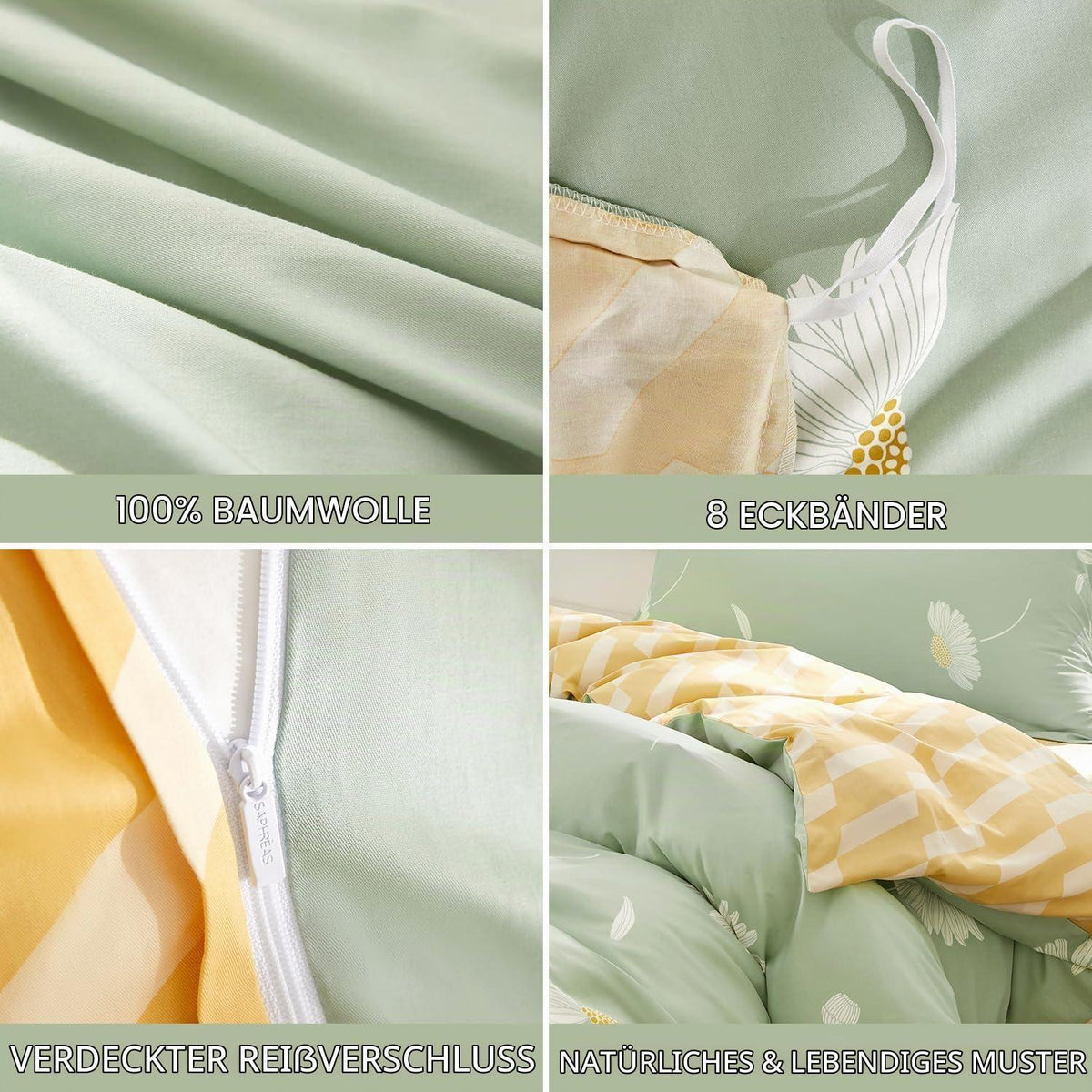 Baumwoll Bettwäsche Set Grün Weiß Blumen 200x220 cm 3tlg.