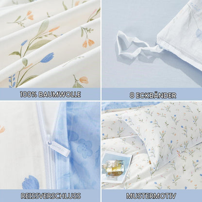 Blumen Bettwäsche Set 200x200 Baumwolle Blau Botanisch