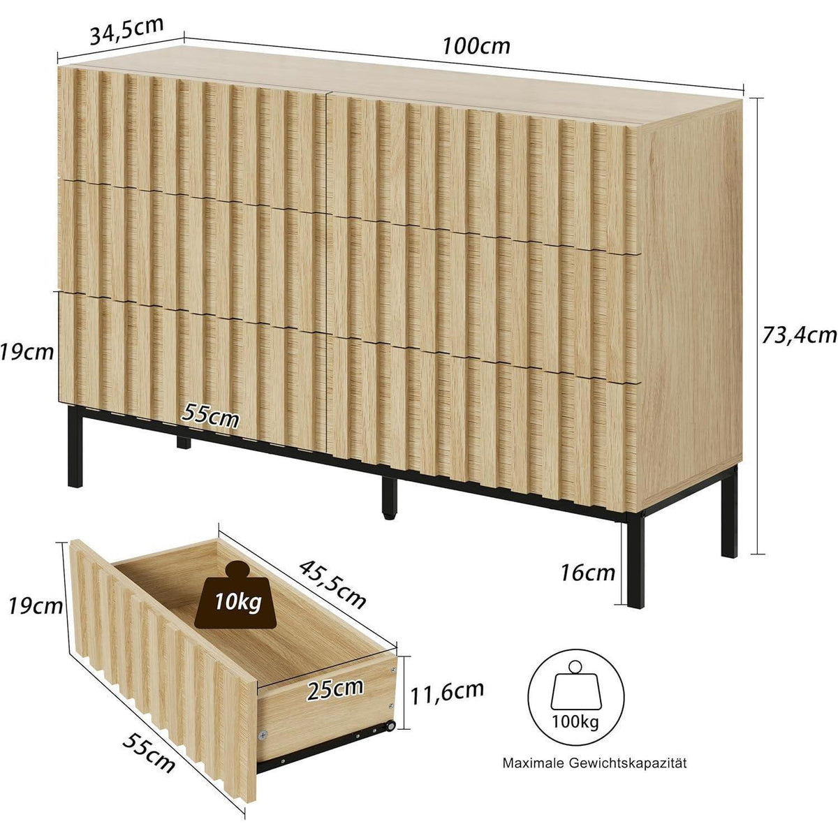 Natur Kommode mit 6 Schubladen – 73,4 x 34,5 x 100cm